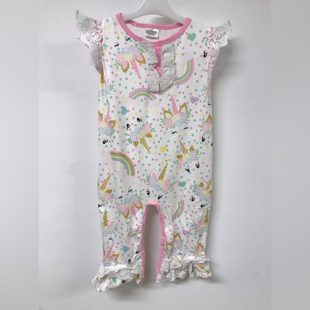 Little Girls Toddler Sleeveless Unicorn Lace Ruffle Cotton Romper Onesie Infant